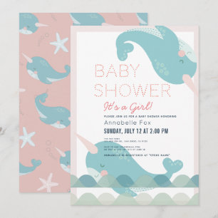 Narwhal Waves Zee Roze Meisje Baby shower Kaart