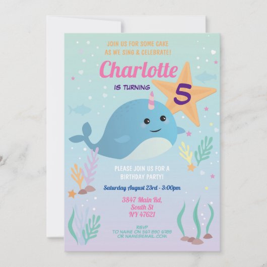 Narwhale Birthday Party Pool Beach Swim Narwhal Kaart (Voorkant)