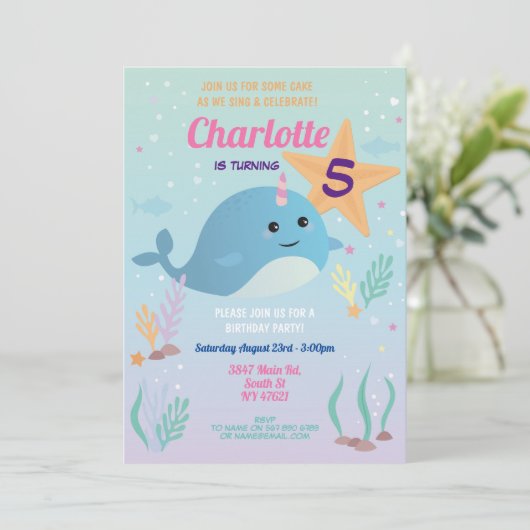 Narwhale Birthday Party Pool Beach Swim Narwhal Kaart (Staand voorkant)