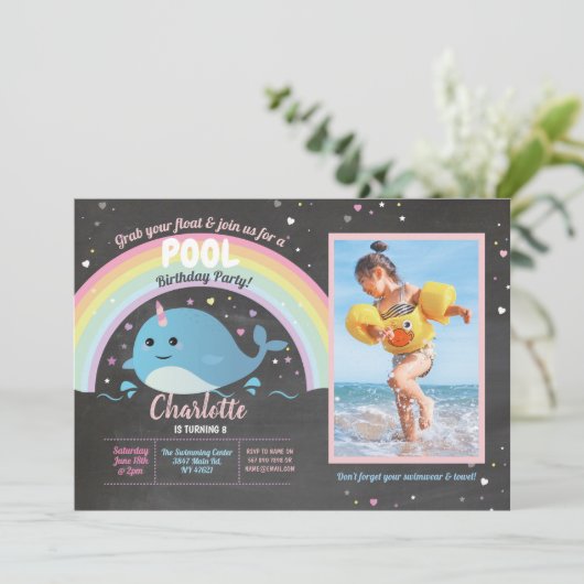 Narwhale Photo Pool Party Verjaardag Float Narwhal Kaart (Staand voorkant)