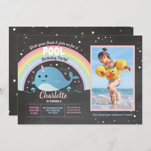 Narwhale Photo Pool Party Verjaardag Float Narwhal Kaart (Voorkant / Achterkant)