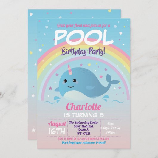 Narwhale Pool Party Birthday Beach Float Narwhal Kaart (Voorkant / Achterkant)