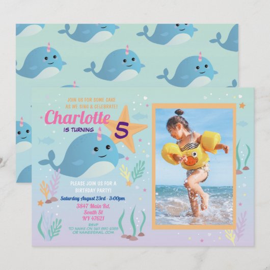Narwhale verjaardagsfeestje zwembad Beach Foto Nar Kaart (Voorkant / Achterkant)