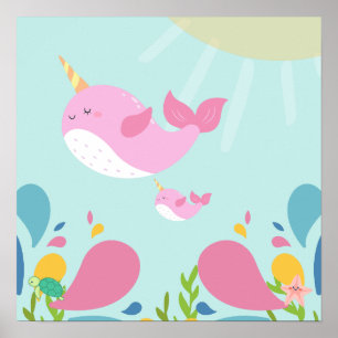 Narwhals in oceaan scene, poster