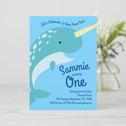 Narwhals Ocean 1e Verjaardag Uitnodigingen (Staand voorkant)