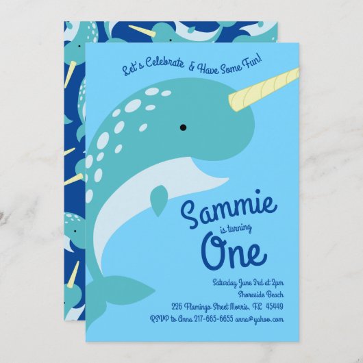 Narwhals Ocean 1e Verjaardag Uitnodigingen (Voorkant / Achterkant)