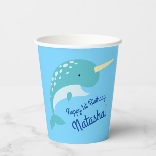 Narwhals Ocean Schattige 1e verjaardagsfeestje Kin Papieren Bekers (Achterkant)