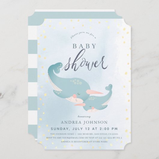 Narwhals Waterverf Blue Boy Baby shower Kaart (Voorkant / Achterkant)