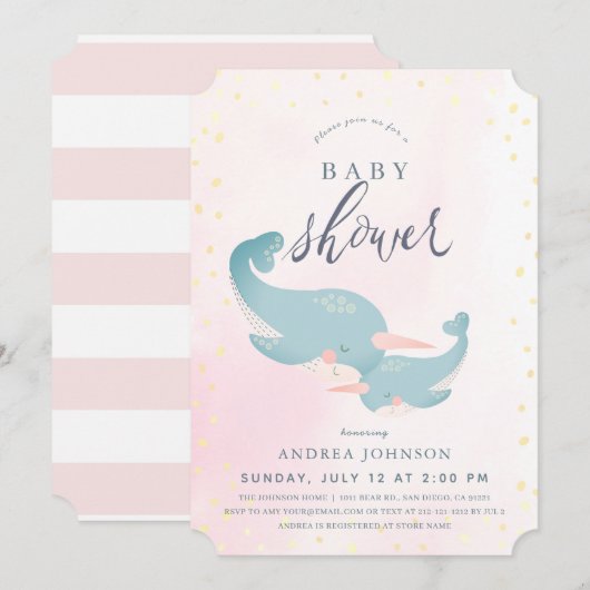 Narwhals Waterverf Roze Meisje Baby shower Kaart (Voorkant / Achterkant)