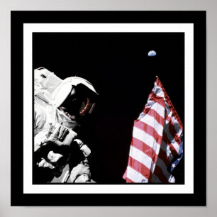 NASA Apollo 17 Astronaut Flag Earth Moon Foto Poster