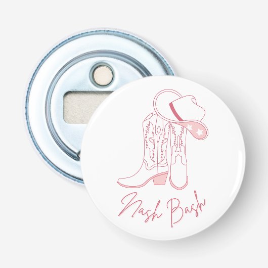 Nash Bach Bachelorette Ontwerp | Roze Cowboylaarze Button Flesopener (Voorkant)