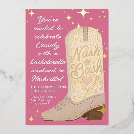 Nash Bash Cowgirl Boot Bachelorette Party Folie Uitnodiging (Voorkant)