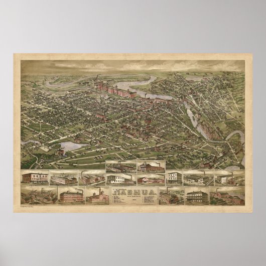 Nashua NH panoramisch berkleurige uitzicht 1883 Poster (Voorkant)