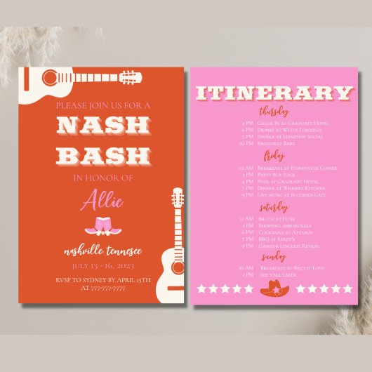 Nashville Bach Party Pink Invite and Itinerary Kaart