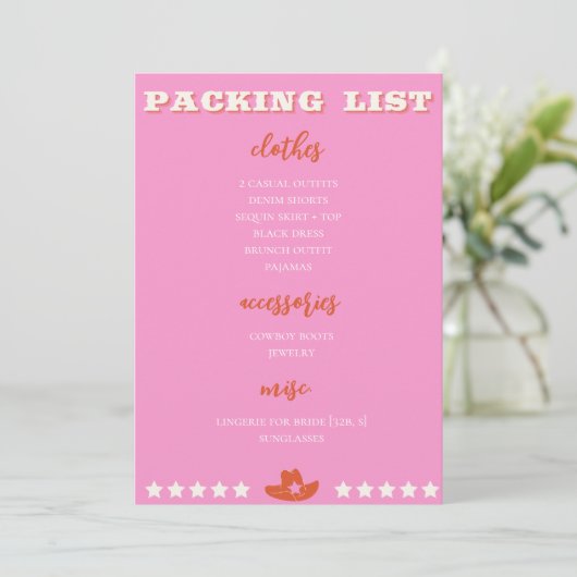 Nashville Bachelorette Pink Packing List Aankondiging (Staand voorkant)