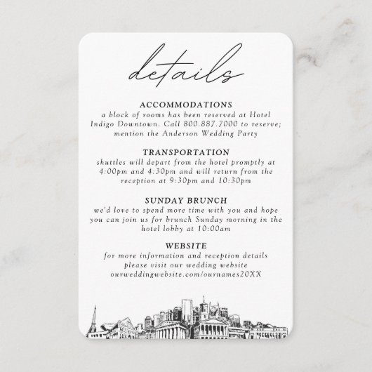 Nashville bruiloft kleine verticale details informatiekaartje (Voorkant)