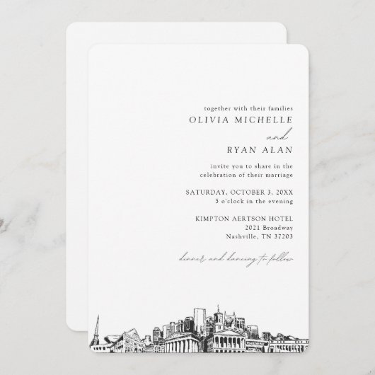 Nashville Bruiloft Skyline Schets Uitnodiging (Voorkant / Achterkant)