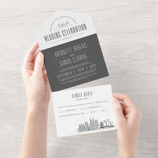 Nashville Deco Skyline Wedding All In One Uitnodiging (Afscheurbaar)