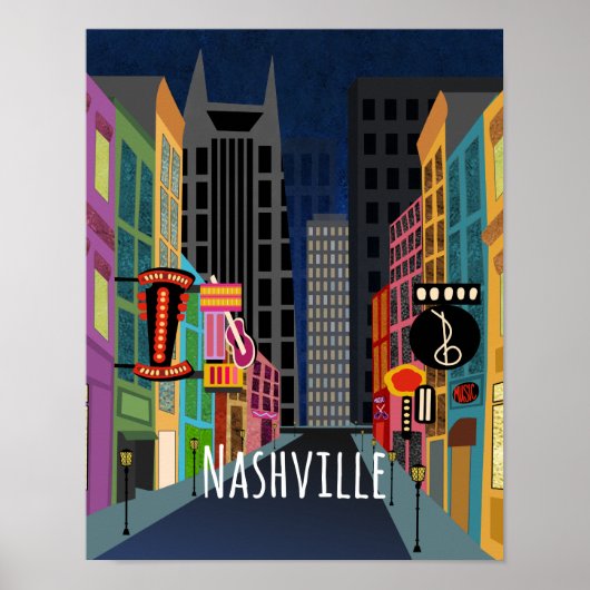 Nashville Downtown 's Nachts Poster (Voorkant)