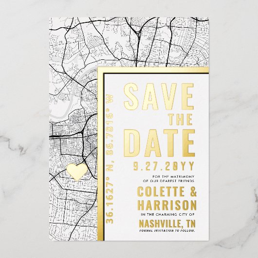Nashville Love Locator | Bruiloft Bewaar de datum Folie Uitnodiging (Voorkant)