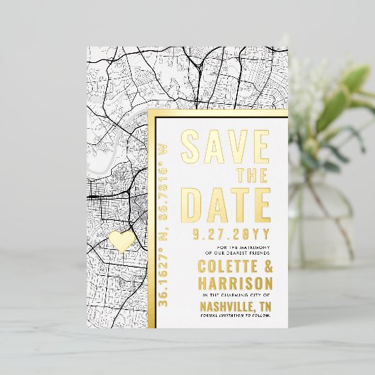 Nashville Love Locator | Bruiloft Bewaar de datum Folie Uitnodiging (Staand Voorkant)