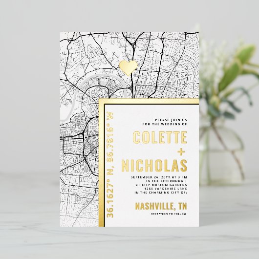 Nashville Love Locator | Stad thema bruiloft Folie Uitnodiging (Staand Voorkant)