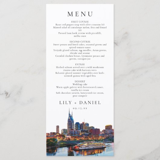 Nashville Riverfront Watercolor Elegant Wedding Menu (Voorkant)
