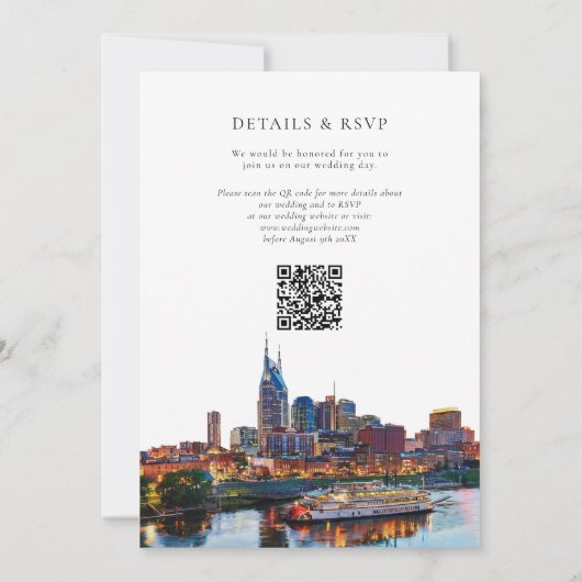 Nashville Riverfront Watercolor QR Code Wedding Kaart (Achterkant)