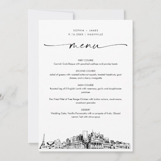 Nashville Skyline Bruiloft Diner Menu Kaart 5x7 (Voorkant)