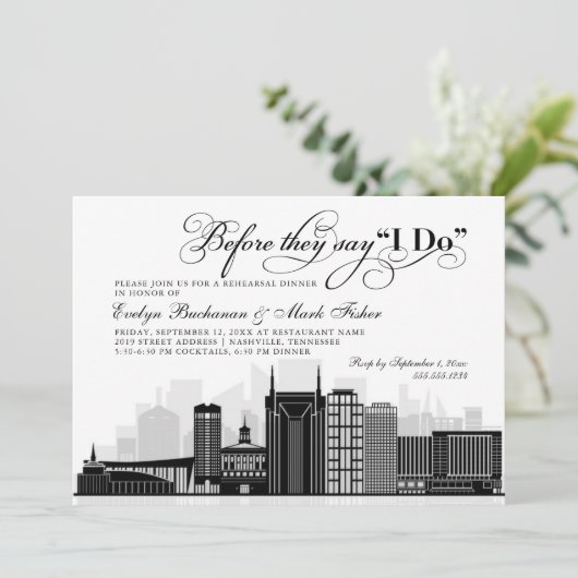 Nashville Skyline zwart bruiloft repetitie diner Kaart (Staand voorkant)
