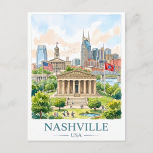 Nashville Tennessee Reis Watercolor Stadssilhouet Briefkaart