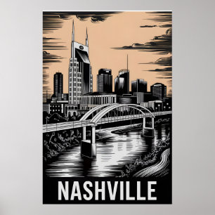 Nashville Tennessee Silhouette Zwart Wit Houtsnede Poster