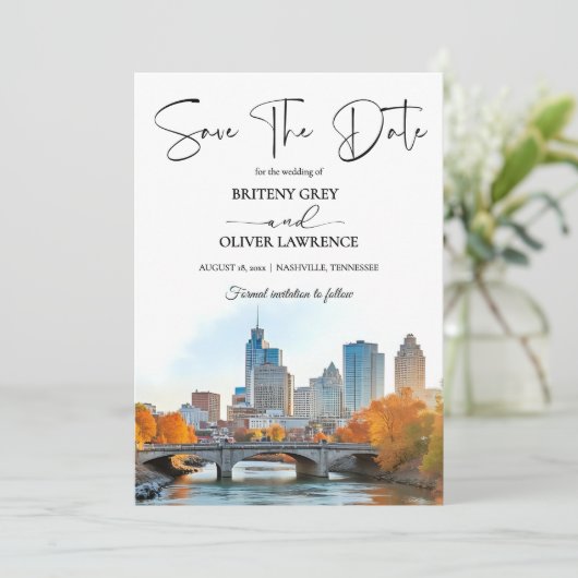Nashville Tennessee Watercolor Silhouet Save The Date (Staand voorkant)