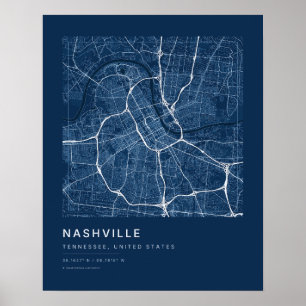 Nashville TN marineblauwe stadsplattegrond-kunstpr Poster