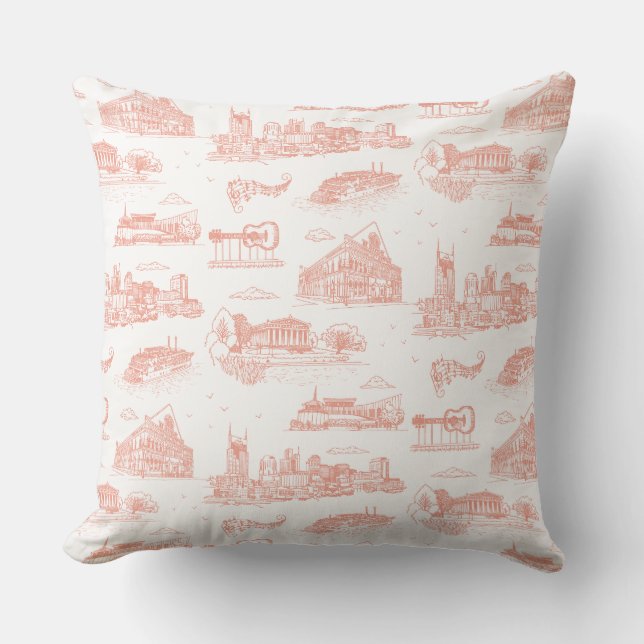 Nashville Toile Koraal Roze op Wit Kussen (Voorkant)