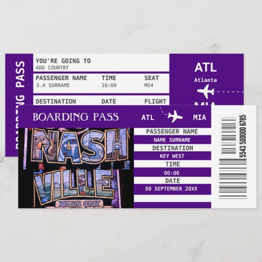Nashville vliegtuig instapkaart uitje indigo kaart (Voorkant / Achterkant)