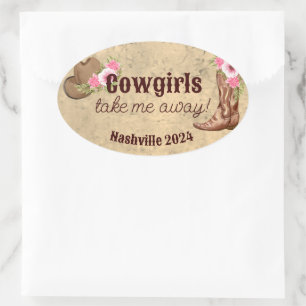 Nashville vrijgezellenfeest rustieke roze bloemkoe ovale sticker