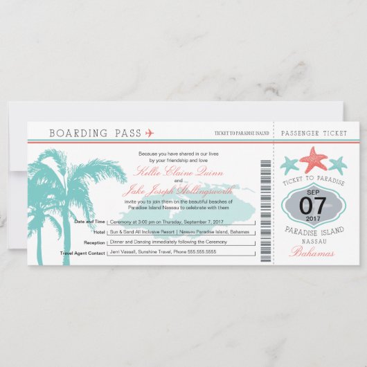Nassau Bahamas Wedding Boarding Pass Kaart (Voorkant)