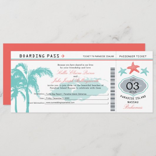 Nassau Bahamas Wedding Boarding Pass Kaart (Voorkant / Achterkant)