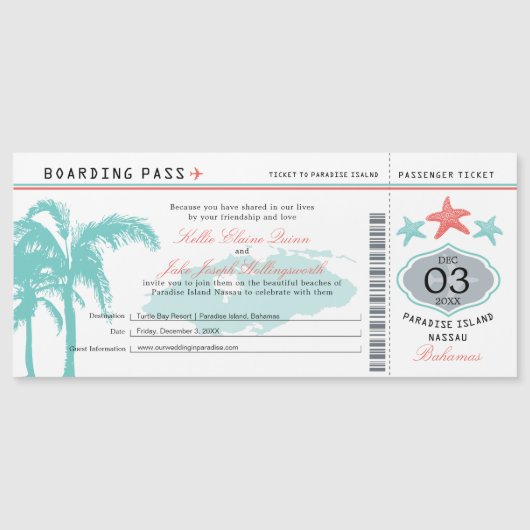 Nassau Bahamas Wedding Boarding Pass uitnodiging Magnetische Uitnodiging (Voorkant)