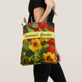 Nasturtia, oranje geel, tuin, je eigen naam, tote bag