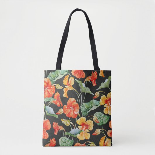 Nasturtium Sinaasappel: Waterverf donker patroon. Tote Bag (Voorkant)