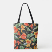 Nasturtium Sinaasappel: Waterverf donker patroon. Tote Bag (Achterkant)
