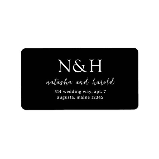 Natasha Black Monogram Moderne bruiloft Etiket (Voorkant)
