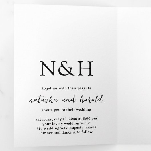 Natasha Foto Monogram Moderne bruiloft Drieluik Uitnodiging (Binnenzijde eerst)