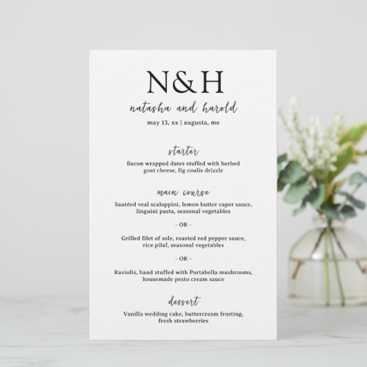 Natasha Monogram Modern Wedding Menu (Staand voorkant)