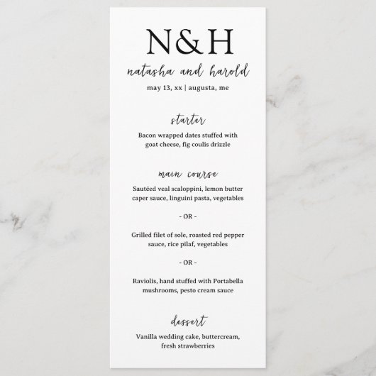 Natasha Monogram Moderne bruiloft Menu (Voorkant)