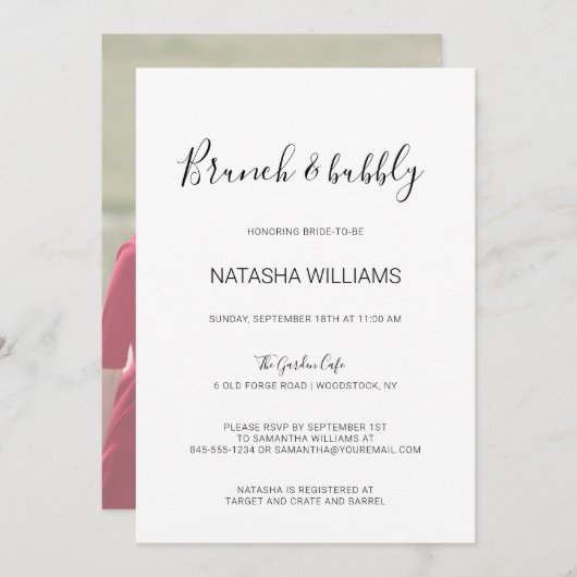 Natasha Rustic Calligraphy Photo Brunch & Bubble Kaart (Voorkant / Achterkant)