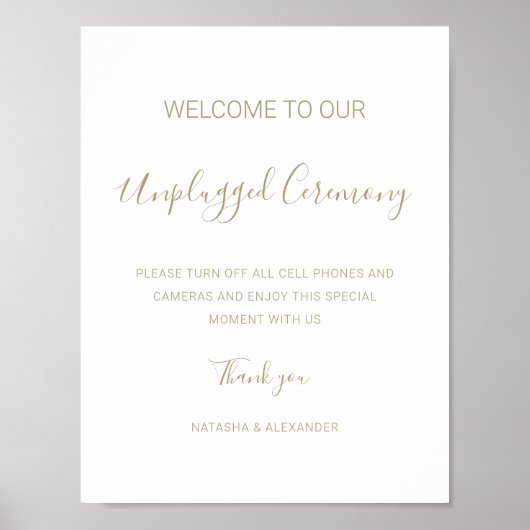 Natasha Unplugged Ceremony Gold Wedding Sign Poster (Voorkant)