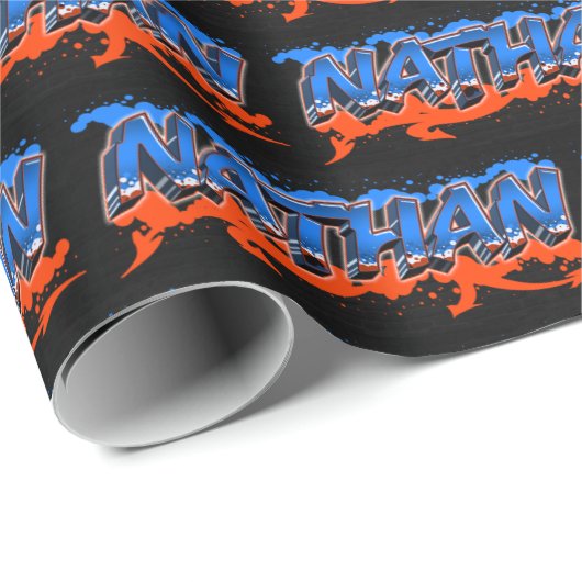 Nathan Vorname Name Graffiti blue orange Cadeaupapier (Rol Hoek)